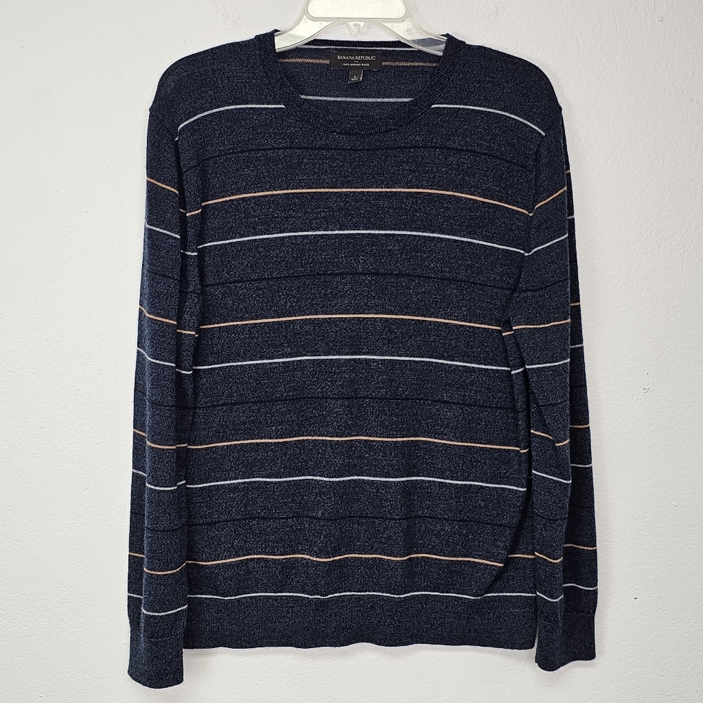 Banana Republic Factory Sweater Merino Wool Striped Blue Gray Sz M Quiet Luxury